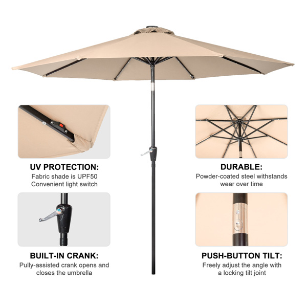 9FT  Umbrella Waterproof Folding Sunshade Beige With Light( Not Included Umbrella Base)