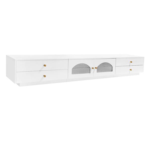 Luxurious TV Stand with Fluted Glass Doors, Elegant and Functional Media Console for TVs Up to 95'', Tempered Glass Shelf TV Cabinet with Multiple Storage Options, White