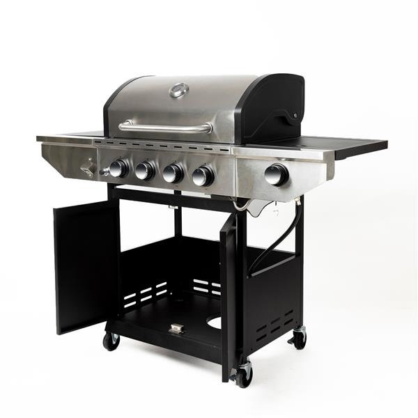 Propane Grill 4 Burner Barbecue Grill Stainless Steel Gas Grill with Side Burner and Thermometer for Outdoor BBQ, Camping