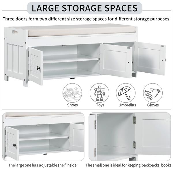 Storage Bench with 3 Shutter-shaped Doors, Shoe Bench with Removable Cushion and Hidden Storage Space