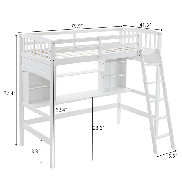 Loft bed with shelf with desk inclined ladder white twin wooden bed pine particle board N101 USA