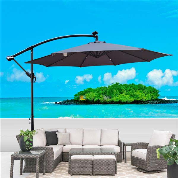 10 ft Outdoor Patio Umbrella Solar Powered LED Lighted Sun Shade Market Waterproof 8 Ribs Umbrella with Crank and Cross Base for Garden Deck Backyard Pool Shade Outside Deck Swimming Pool