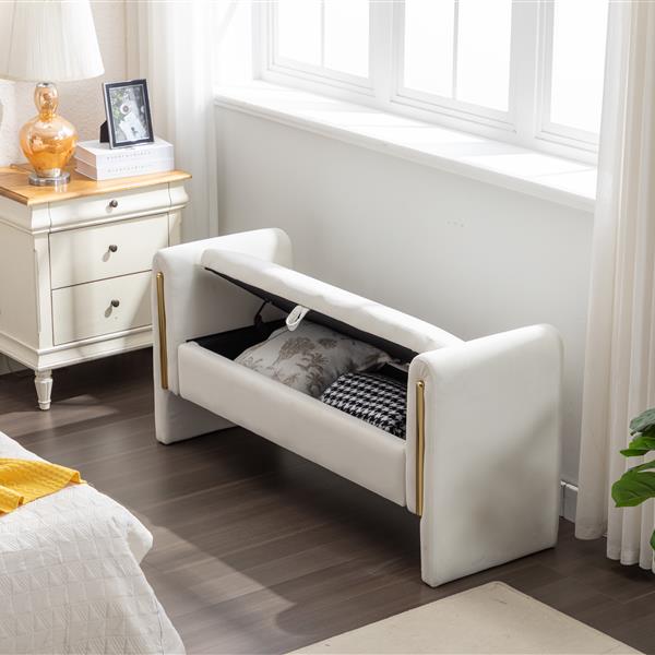 032-Velvet Fabric Storage Bench Bedroom Bench With Gold Metal Trim Strip For Living Room Bedroom Indoor,Ivory