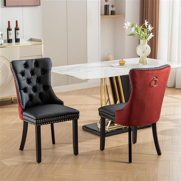 Furniture, Modern, High-end Tufted Solid Wood Contemporary PU and Velvet Upholstered Dining Chair with Wood Legs Nailhead Trim  2-PSet, Black+WineRed, Burgundy