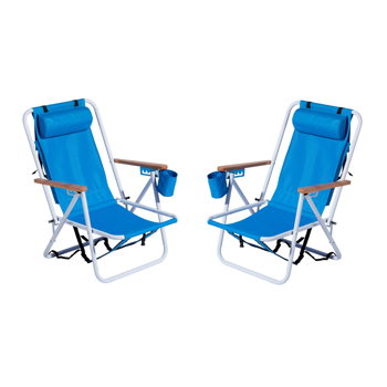 Folding Beach Chair Set of 2 for Adults, 4 Position Portable Backpack Foldable Camping Chair with Headrest Cup Holder and Wooden Armrests, Blue(Same as 53764266 )