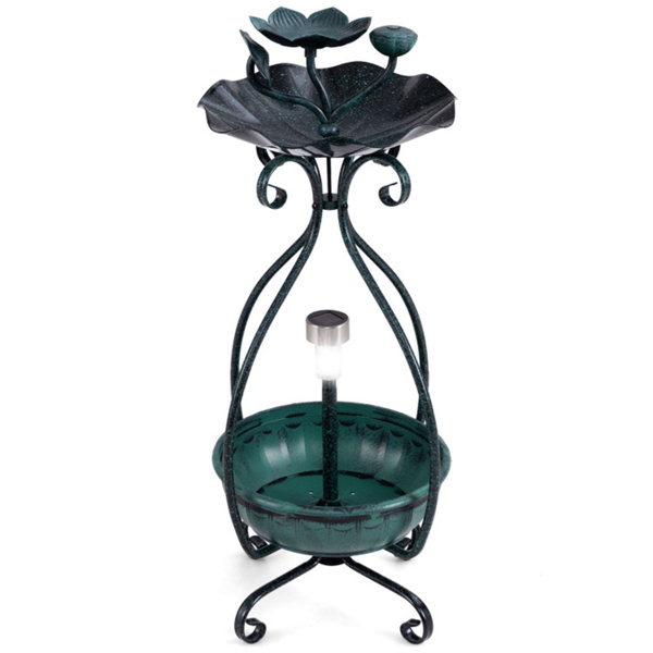 Dark green Solar Bird Bath Feeder Combo with Flower Planter Pedestal and Solar Lights