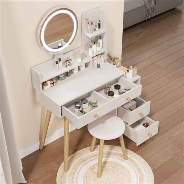 Round Mirror Bedside Cabinet Vanity Table + Cushioned Stool, 17" diameter LED Mirror, Touch Control, 3-color, Brightness adjustable, Large Desktop, Right Bedside Cabinet, Multi-layer Storage