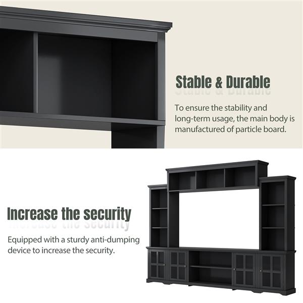 [VIDEO provided] Minimalism Entertainment Wall Unit with Bridge, Modern TV Console Table for TVs Up to 70", Multifunctional TV Stand with Tempered Glass Door, Black