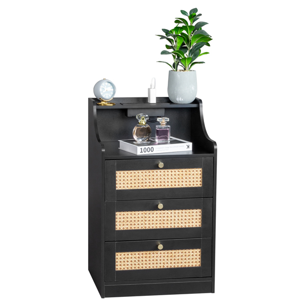 FCH black particle board with triamcinol matt gold tapered handle 45*35*73cm rattan three drawers with compartments bedside table 1 wireless + 2 USB ports + 2 US standard three-plug ports