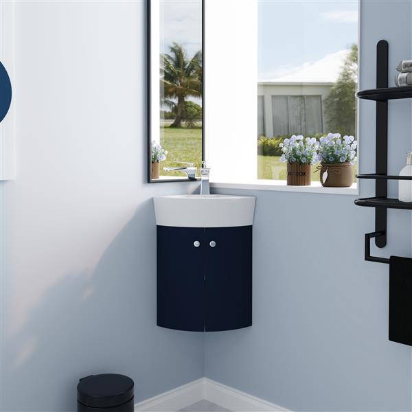 Corner Bathroom Vanity Sink Combo for Small Space Wall Mounted Cabinet Set, Ceramic Sink