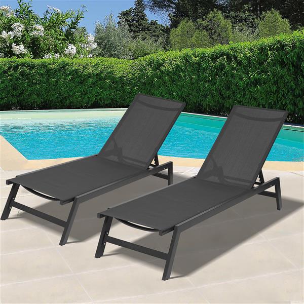 NEW Outdoor 2-Pcs Set Chaise Lounge Chairs,Five-Position Adjustable Aluminum Recliner,All Weather for Patio,Beach,Yard,Pool ( Grey Frame/ Black fabric)