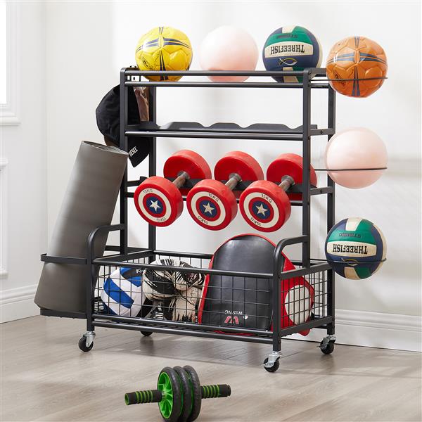 4-Tier Metal Storage Organizer with Rolling Wheels for Basketball Sports Equipment Organizer for Yoga Mat Larger Ball Storage Rack with Baskets and Hooks, Indoor or Outdoor for Tennis Racket,Football