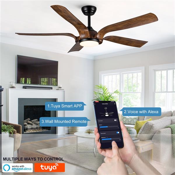 Smart 56" Integrated LED Ceiling Fan with  Antique Brown Blades in Matte Black Fan Body Finish