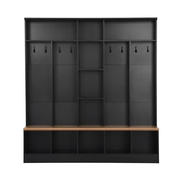 Wide Design Hall Tree with Storage Bench, Minimalist Shoe Cabinet with Cube Storage & Shelves, Multifunctional Coat Rack with 8 Hooks for Entryways, Mudroom, Black