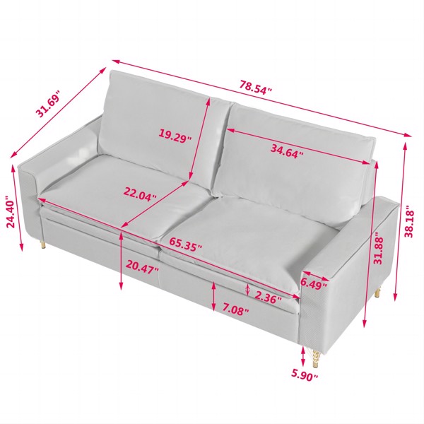 White, Velvet Cloth Indoor Double Sofa With Metal Feet, 78.54"*31.69"*38.18"