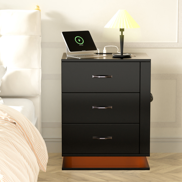 RGB LED With with Charging Station and USB Ports 3 Drawer Side Cabinet Bedside Table Nightstand Left Side Black