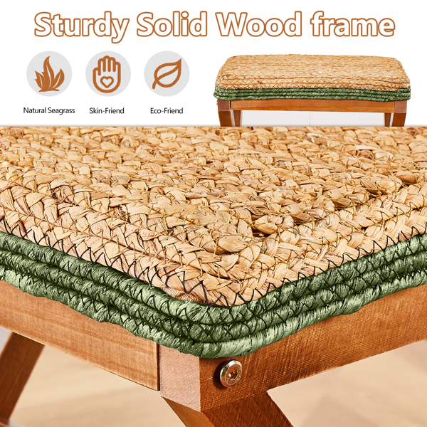 Ottoman Footstool Natural Seagrass Footrest Pouf Ottomans with X Wooden Legs Rectangular Hand Weaving Foot Rest for Living Room Patio Balcony 17 inch 