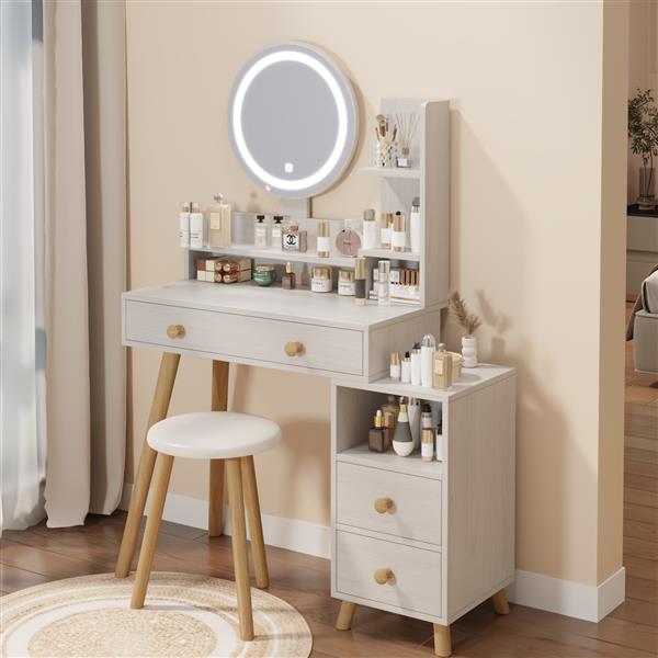 Round Mirror Bedside Cabinet Vanity Table + Cushioned Stool, 17" diameter LED Mirror, Touch Control, 3-color, Brightness adjustable, Large Desktop, Right Bedside Cabinet, Multi-layer Storage