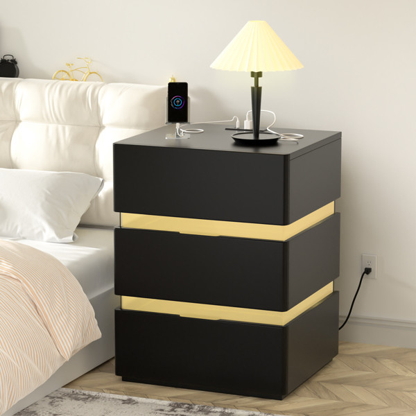 RGB LED With with Charging Station and USB Ports 3 Drawer Side Cabinet Bedside Table Nightstand BLACK