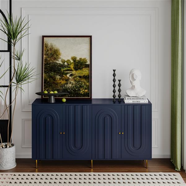 Modern Blue Lacquered 4 Door Wooden Cabinet Sideboard Buffet Server Cabinet Storage Cabinet, for Living Room, Entryway, Hallway, Office, Kitchen and Dining Room