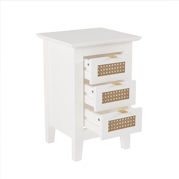 Wooden Nightstands Set of 2 with Rattan-Woven Surfaces and Three Drawers, Exquisite Elegance with Natural Storage Solutions for Bedroom, White