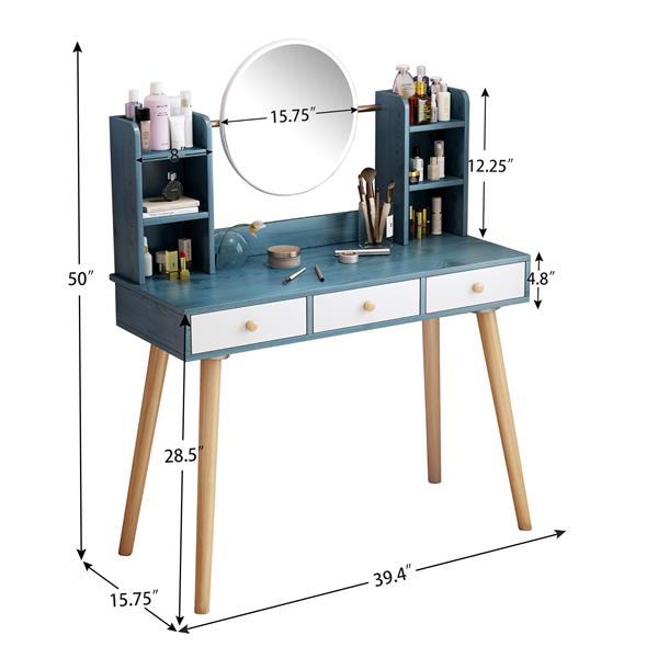 Fashion Vanity Desk with Mirror and Lights for Makeup Vanity Mirror with Lights  with 3 Color Lighting Brightness Adjustable, 3 Drawers, Blue  Color