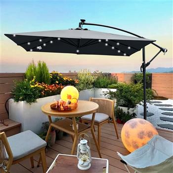 Square 2.5X2.5M Outdoor Patio Umbrella Solar Powered LED Lighted Sun Shade Market Waterproof 8 Ribs Umbrella with Crank and Cross Base for Garden Deck Backyard Pool Shade Outside Deck Swimming Pool