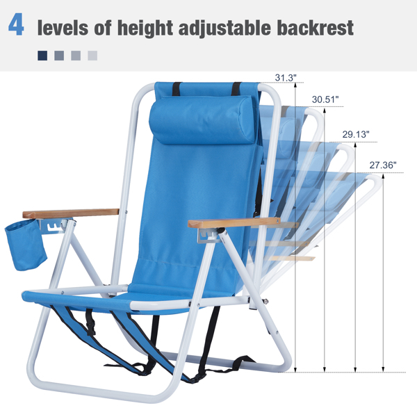 Folding Beach Chair Set of 2 for Adults, 4 Position Portable Backpack Foldable Camping Chair with Headrest Cup Holder and Wooden Armrests, Blue(Same as 53764266 )