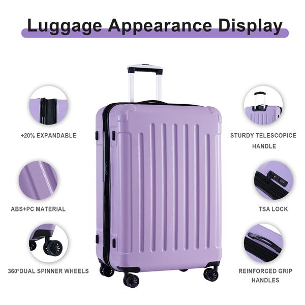 Luggage Sets New Model Expandable ABS+PC 3 Piece Sets with Spinner Wheels Lightweight TSA Lock (20/24/28), LIGHT PURPLE