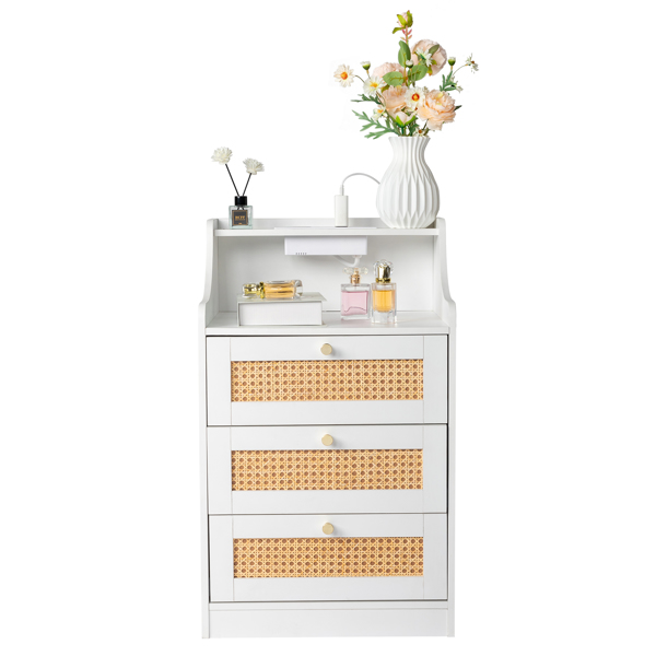 FCH white particleboard with triamine matt gold tapered handle 45*35*73cm rattan three drawers with compartments bedside table 1 wireless + 2 USB ports + 2 US standard three-plug ports