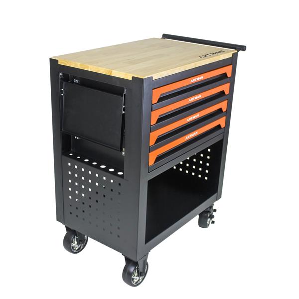 4 DRAWERS MULTIFUNCTIONAL TOOL CART WITH WHEELS AND WOODEN TOP-ORANGE