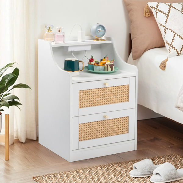 [FCH] white particleboard with triamine matt gold tapered handle 45*35*63cm rattan two drawers with compartments bedside table 1 wireless + 2 USB ports + 2 US standard three-plug ports