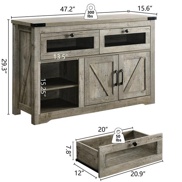 Modern wooden sideboard, kitchen buffet, built-in with adjustable laminate and LED lights, 2 drawers and a barn door, suitable for kitchen, dining room, living room.