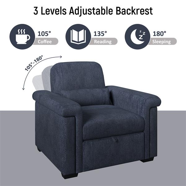 3 in 1 Convertible Sleeper Chair Sofa Bed Pull Out Couch Adjustable Chair with Pillow, Adjust Backrest into a Sofa, Lounger Chair, Single Bed or Living Room or Apartment, Dark Blue