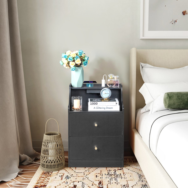 FCH black particle board with triamine matt gold tapered handle 45*35*63cm two drawers with compartments bedside table 1 wireless + 2 USB ports + 2 US standard three-plug ports