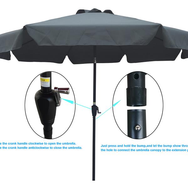 Outdoor Patio Umbrella 10FT(3m)  WITH FLAP ,8pcs ribs,with tilt ,with crank,without base, grey/Anthracite,pole size 38mm(1.49inch)