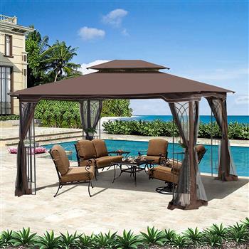 13x10 Outdoor Patio Gazebo Canopy Tent With Ventilated Double Roof And Mosquito net(Detachable Mesh Screen On All Sides),Suitable for Lawn, Garden, Backyard and Deck,Brown Top