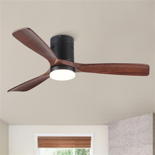 Flush Mount Ceiling Fan with Integrated LED Light in Solid Wood Blades