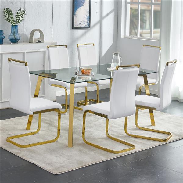 Modern minimalist style rectangular glass dining table with tempered glass tabletop and golden metal legs, suitable for kitchen, dining room, and living room, 63 inches * 35.4 inches * 30 inches