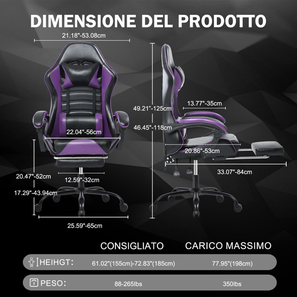 Computer Gaming Chairs with Footrest, Ergonomic Gaming Computer Chair for Adults, PU Leather Office Chair Adjustable Desk Chairs with Wheels, 360°Swivel Big and Tall Gamer Chair, Purple