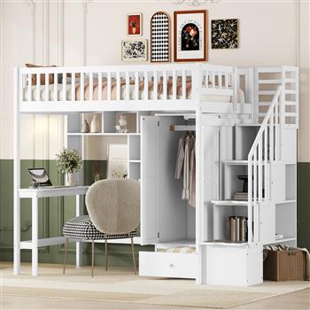 Twin size Loft Bed with Bookshelf,Drawers,Desk,and Wardrobe-White