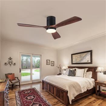 Flush Mount Ceiling Fan with Integrated LED Light in Solid Wood Blades