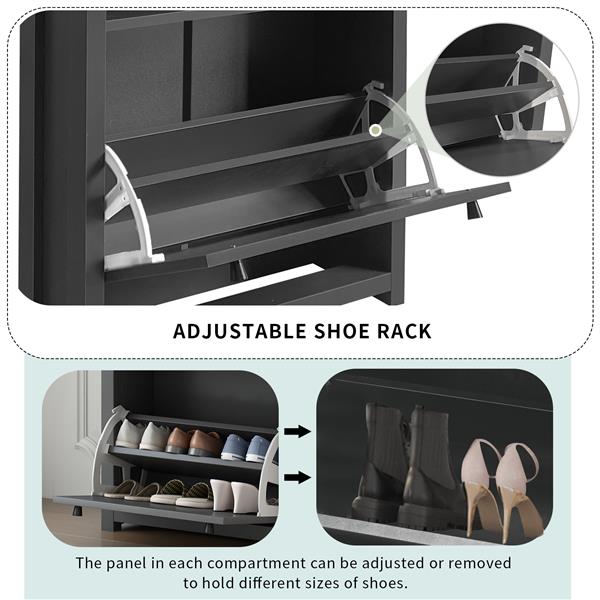 Functional Entryway Organizer with 2 Flip Drawers, Wood Grain Pattern Top Shoe Cabinet with Drawer, Free Standing Shoe Rack with Adjustable Panel for Hallway, Grey