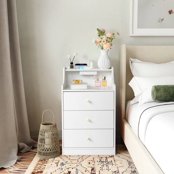 FCH white particleboard with triamine matt gold tapered handle 45*35*73cm three drawers with compartments bedside table 1 wireless + 2 USB ports + 2 US standard three-plug ports