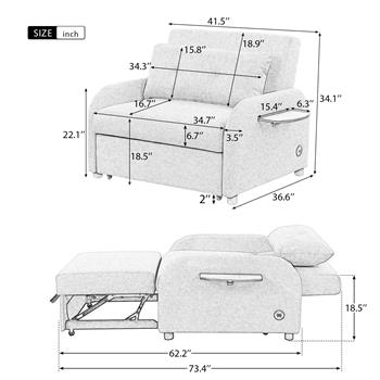 pull out sofa sleeper 3 in 1 with 2 wing table and usb charge for nap line fabric for living room recreation room Black