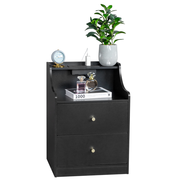 FCH black particle board with triamine matt gold tapered handle 45*35*63cm two drawers with compartments bedside table 1 wireless + 2 USB ports + 2 US standard three-plug ports