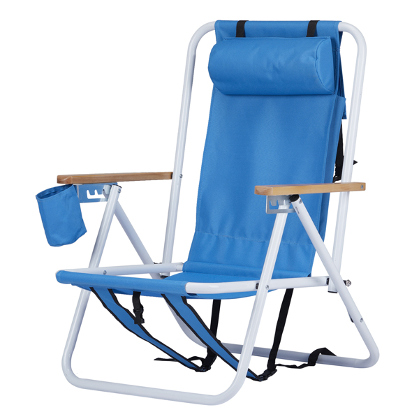 Folding Beach Chair Set of 2 for Adults, 4 Position Portable Backpack Foldable Camping Chair with Headrest Cup Holder and Wooden Armrests, Blue(Same as 53764266 )