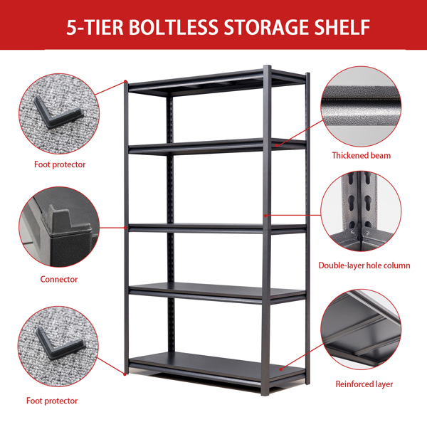 72"H 5 Tier Metal Shelves for Storage Garage Shelving 2000LBS Heavy Duty Storage Shelves Adjustable Garage Shelf Industrial Shelving Unit Storage Utility Rack,47.2"W*23.6"D*72"H,Black