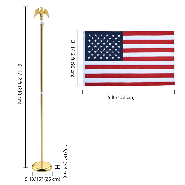 6FT Telescoping Indoor Flag Pole Kit Eagle Topper Aluminum Gold Pole with 3x5Ft Embroidered Stars US Flag & Base,Aluminum Telescoping Flagpole Indoor for Office,School(No delivery on weekends)