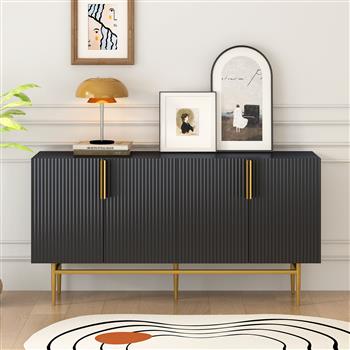 Modern Elegant 4-door Sideboard Gold Metal Handle Buffet Cabinet for Dining Room, Living Room, Bedroom, Hallway (Black)